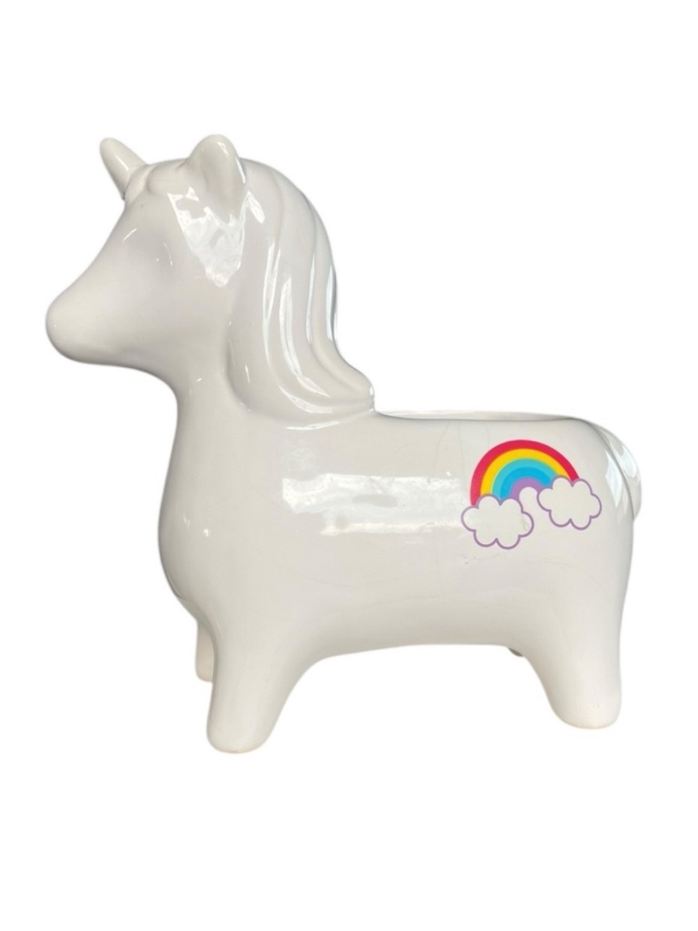 Vintage 80s Glossy White Ceramic Unicorn Rainbow Planter Decor